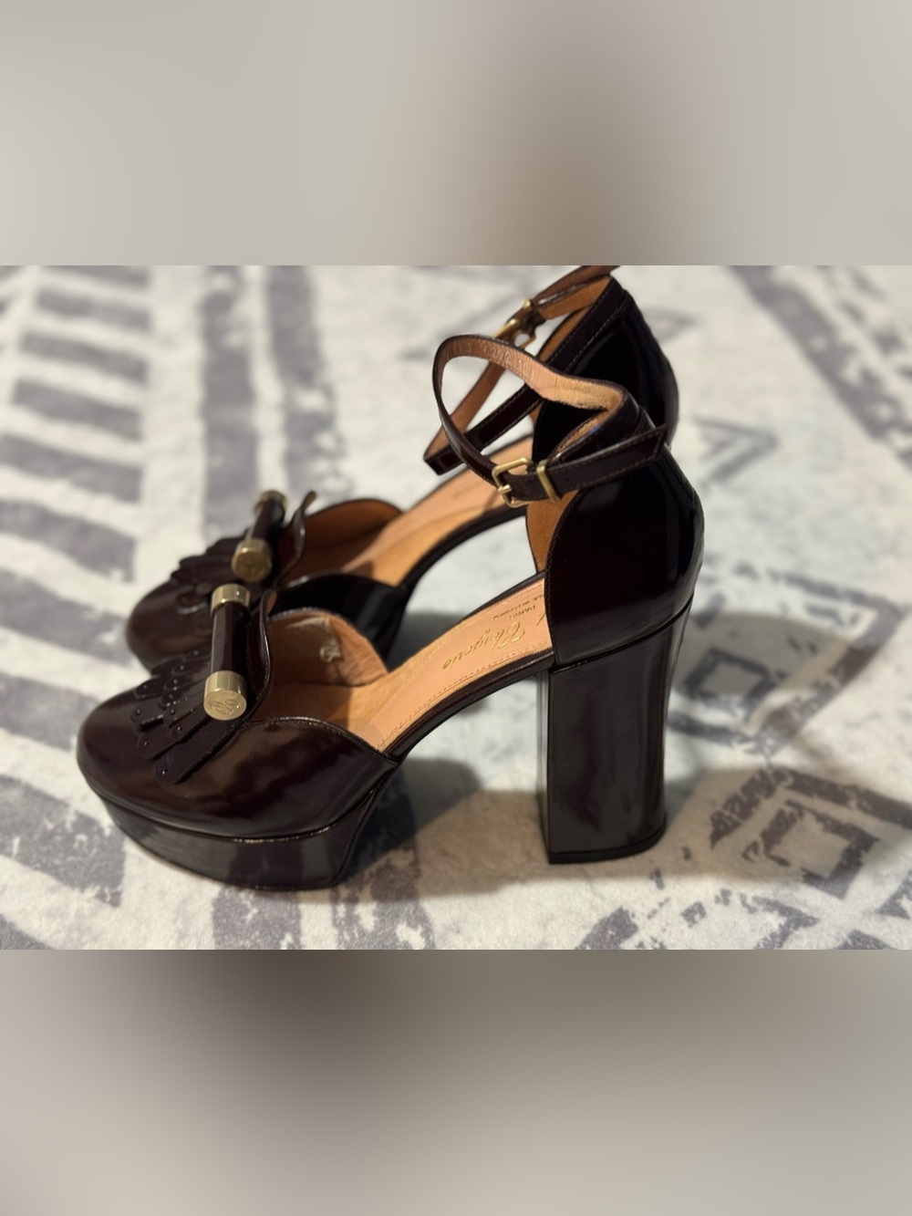Robert Clergerie Women's Brown Patent Leather Block Heel Pumps - Picture 6 of 7